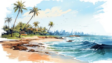 Naklejka premium Summer vacation travel illustration - watercolor painting of palm tree Palm trees on the beach with the ocean sea