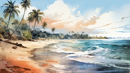 Summer vacation travel illustration - watercolor painting of palm tree Palm trees on the beach with the ocean sea