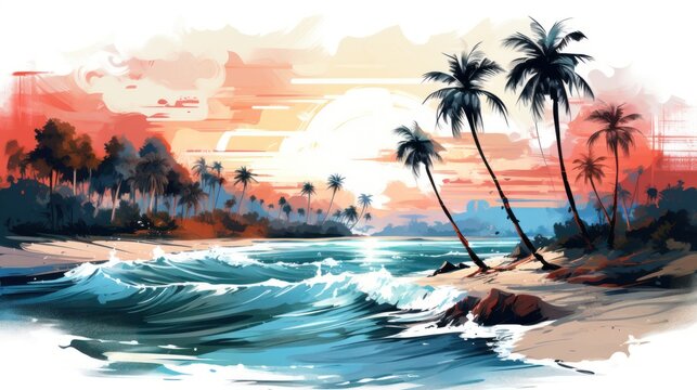 Summer vacation travel illustration - watercolor painting of palm tree Palm trees on the beach with the ocean sea