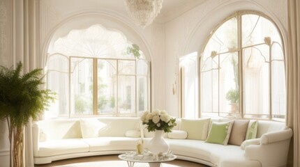 The interior design of the living room with a white sofa and green pillows.