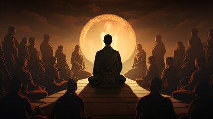 The Lord of the Buddha mediated with a crowd of shadow-style monks.