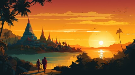 Silhouette temple sunset background.