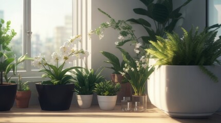 Plants in pots on the windowsill. Concept of interior design.