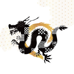 2024年賀状素材　龍のイラスト11　毛筆の円と和柄の龍