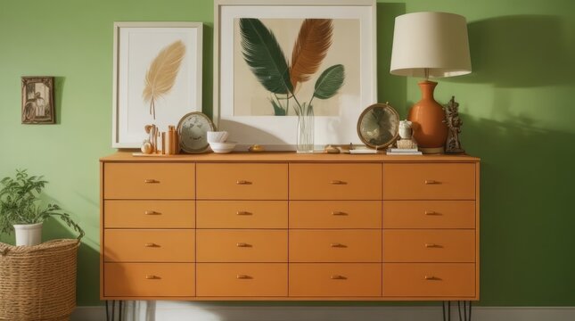 Interior of modern room with chest of drawers, mirror, and plants.