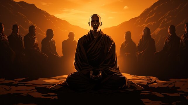 The Lord of the Buddha mediated with a crowd of shadow-style monks.