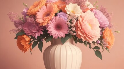 A bouquet of flowers in a vase in pastel pink