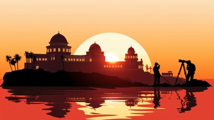 world famous landmark silhouette style with row design on sunset time, vector illustration