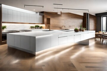 Design a minimalist kitchen with hidden appliances, a waterfall countertop, and under-cabinet lighting.