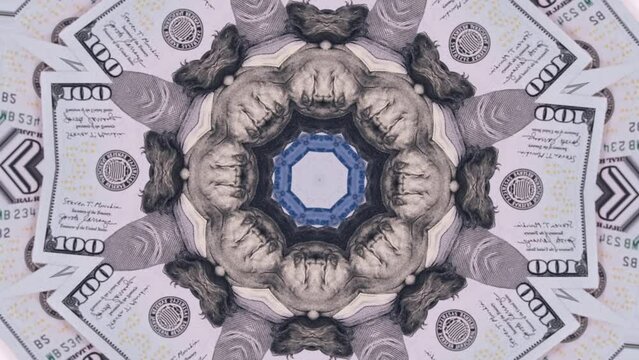 Kaleidoscopic background from 100 dollar bills. Hundred dollars kaleidoscope effect, abstract geometric texture. Dreams of financial success and wealth. 