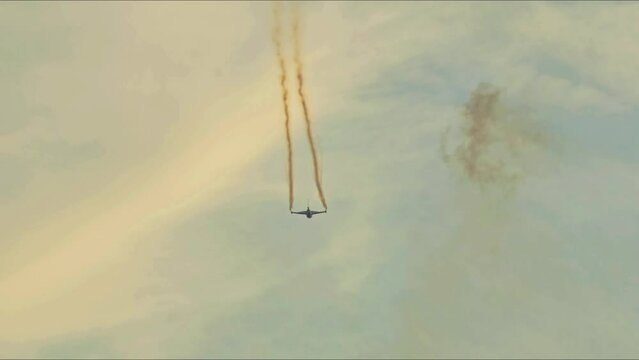 IZMIR, TURKIYE - September 9, 2023 Turkish Air Force General Dynamics F-16C Fighting Falcon SoloTurk (4R-23) Aerobatic Demonstrate over Izmir City During Liberation Day Air Force Footage.