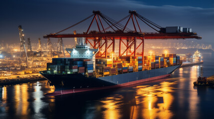 Fototapeta premium Loading and unloading of cargo ships, lifting of containers, and logistics support for global trade can be seen at a busy seaport