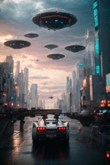 Photo sur Plexiglas UFO a fleet of UFO's gliding through the sky