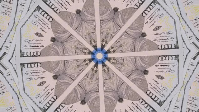 Kaleidoscope US 100 dollar bills abstract background of American paper dollars creative ornament. Mesmerizing animated pattern of money.