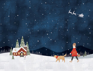夜の雪のクリスマスに犬の散歩をする女性水彩画