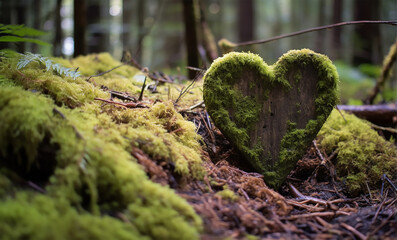 Closeup of a wooden heart placed on moss, set in a forest dig cemetery symbolizing a natural burial grave in the woods and tree burial