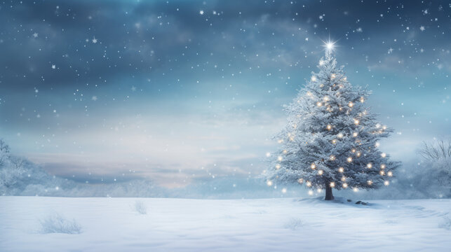 White snowy christmas tree with lights in winter landscape