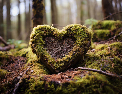 Closeup of a wooden heart placed on moss, set in a forest dig cemetery symbolizing a natural burial grave in the woods and tree burial