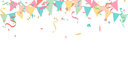 pastel party flags and confetti explosions with buntings and ribbons on transparent background for carnival, celebration, birthday, anniversaries and holiday party