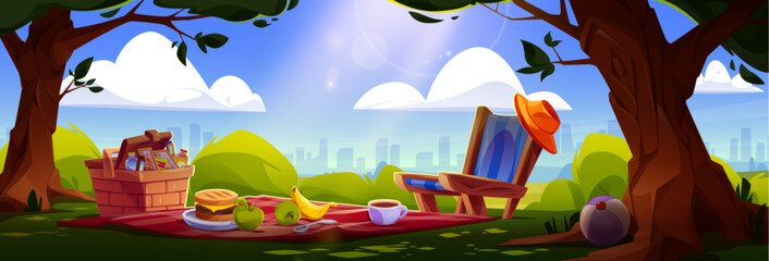 Picnic setup at city park over skyline of multistory buildings. Snacks in wicker basket, hamburger and fruits on blanket and lounge chair with hat. Relaxation with food in town park - cartoon vector.