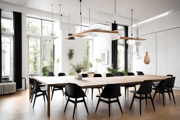 a minimalist dining room with a long, wooden table, sleek black chairs, and pendant lighting