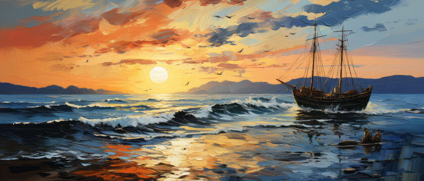 Sailing boat in the sea at sunset. Digital oil color painting.