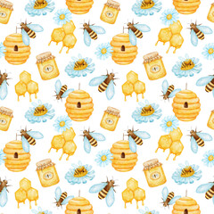 Seamless pattern with bee, honey and beehive. Watercolor background with flowers and insect