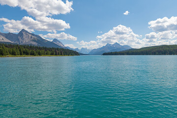 Maligne Lake in summer with copy space, Jasper national park, Alberta, Canada.