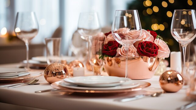 Elegant pink gold theme table setting for Christmas and New year dinner, Generative ai