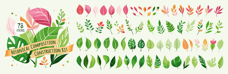Botanical leaves composition creation kit, DIY constructor. Green, mixed color leaf stem set for landscaping project, garden, office, patio decor. Nature and environment vector cartoon construction
