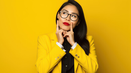 portrait of businesswoman wearing a suit isolated on yellow background  - obrazy, fototapety, plakaty