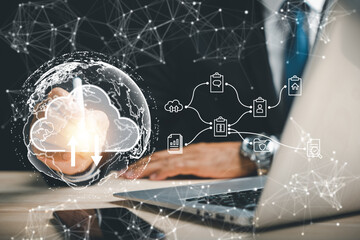 Protect business performance and explore the metaverse world map using a digital pen and cloud icon. Discover the possibilities of social media marketing and big data.