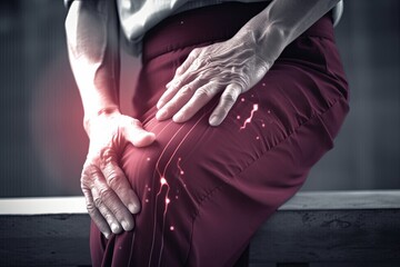 Thigh pain in Asian male patient. Concept of sciatica or sciatic nerve pain, Generative AI