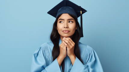 portrait of student isolated on blue background, graduation concept