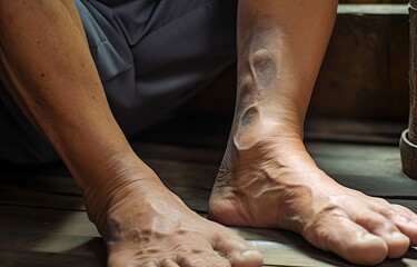 Pitting edema of lower limb. Swollen leg of Asian man, Generative AI - obrazy, fototapety, plakaty