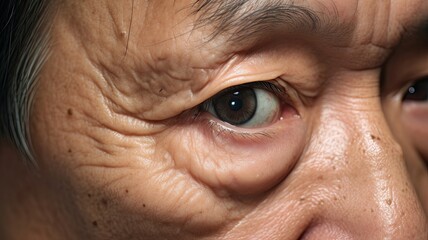 Skin creases around the eye of Asian elder man, Generative AI - obrazy, fototapety, plakaty