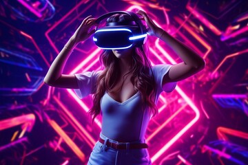 Young woman with neon lights wearing VR headset, dancing and experiencing virtual reality simulation, metaverse and fantasy world, Generative AI