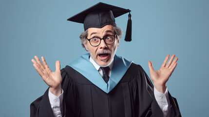 portrait of professor isolated on blue background, graduation concept