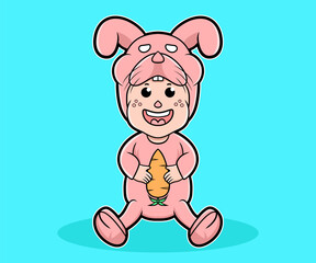 a little boy wearing cute pink rabbit costume sitting holding a carrot cartoon vector concept