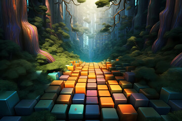 Colored Cubes Form a path on Forest Background