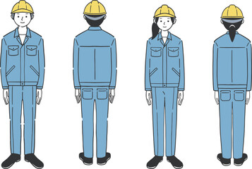 青色の作業服を着た作業員の男女のイラスト素材