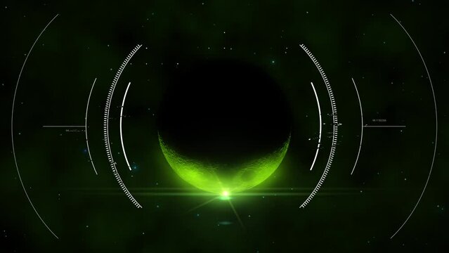 Alien green planet scanned by fuuristic HUD radar display in sci-fi motion graphic animation