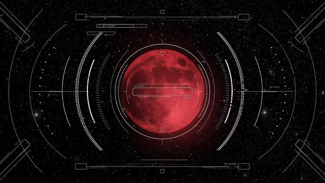 Red moon or alien planet scanned by spacecraft HUD radar display. Motion graphic for cyber and sci-fi technology concept