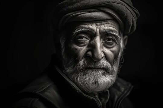 Close-up portrait of A bearded man 70 year old looks at the camera