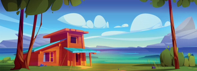 Wooden house against lake and mountain landscape. Vector cartoon illustration of shabby old hut with porch under tall trees, green grass and bushes on river bank, rocks under blue sky with clouds
