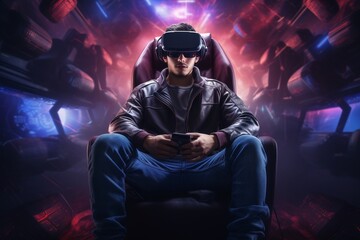 Portrait of a man wearing virtual reality goggles. Futuristic technology concept.