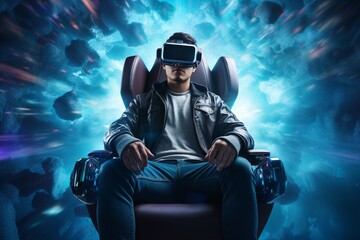 Portrait of a man wearing virtual reality goggles. Futuristic technology concept.