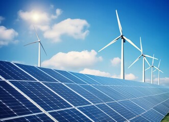 Renewable Energy Paradise: Solar Panels and Wind Turbines on the Beach with Blue Sky