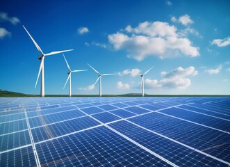 Renewable Energy: Solar Panels and Wind Turbines against a Clear Blue Sky