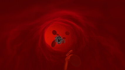 4K CGI render, revealing red blood cells and virus cells inside a blood vessel